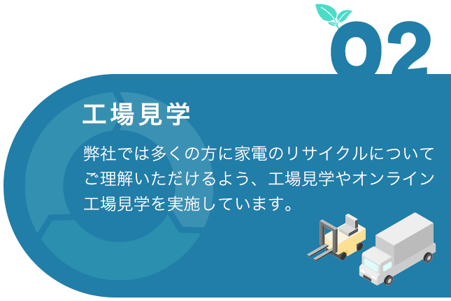 02 工場見学 弊社では多くの方に家電のリサイクルについてご理解いただけるよう、工場見学やオンライン工場見学を実施しています。