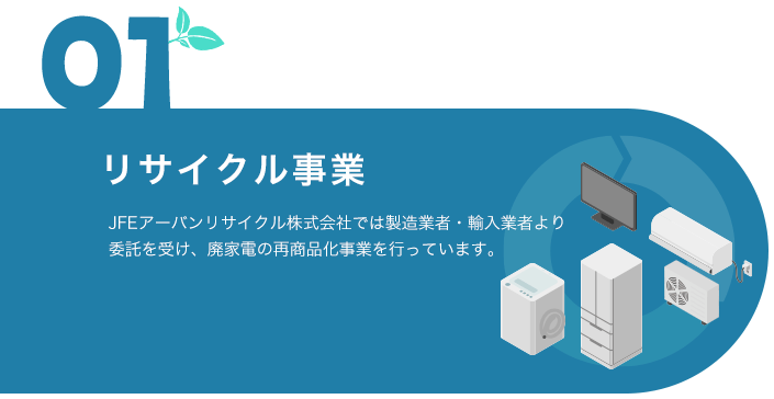 01 リサイクル事業 JEFアーバンリサイクル株式会社では製造業者・輸入業者より委託を受け、廃家電の再商品化事業を行っています。