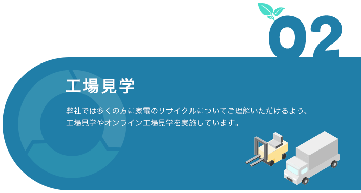 02 工場見学 弊社では多くの方に家電のリサイクルについてご理解いただけるよう、工場見学やオンライン工場見学を実施しています。