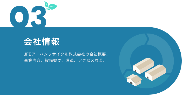 03 会社情報 JEFアーバンリサイクル株式会社の会社概要、事業内容、設備概要、沿革、アクセスなど。